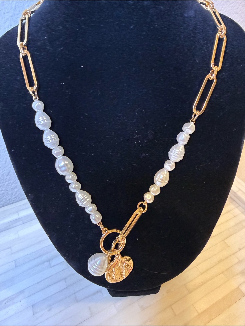 LOFT Gold-Tone Chain Necklace with White Pearl Beads and Charm
